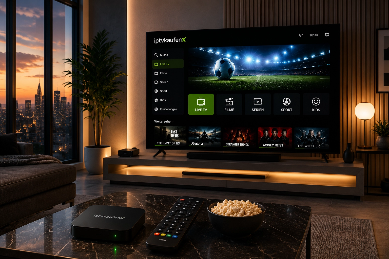 IPTV Box mit Fernbedienung am modernen Fernseher in Deutschland